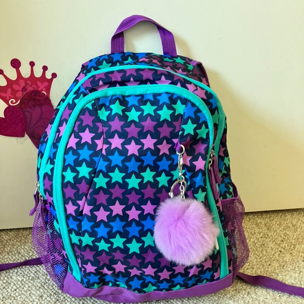 CRCKT Purple Blue Green Stars Kids Backpack Girls Purple Pom Pom Back to School